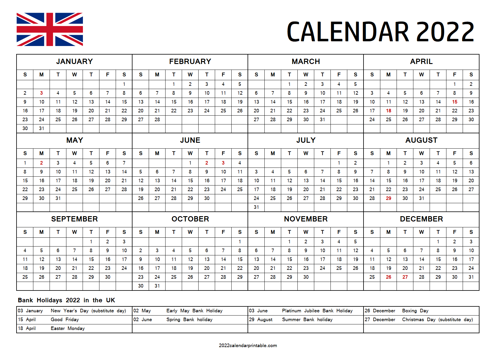 UK Bank Holidays 2022 Calendar Printable Calendars