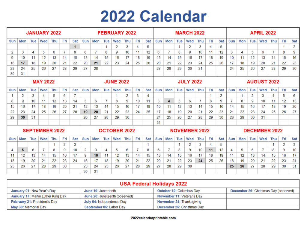 United States Federal Holiday Calendar 2022 Printable Calendars